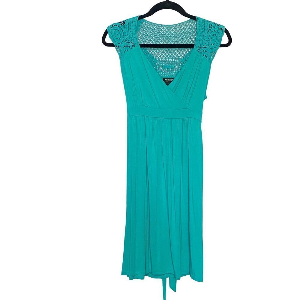 Spense Petite Teal High Waisted V-neck Crocheted Mini Dress Women's size LP NWOT